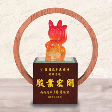 創意獎座-招財貓-木座雷雕